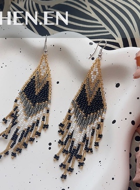 2024原创新款黑色调新中式手作个性米珠民族流苏长款耳环银针耳夹