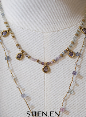紫色系列萤石头多层新款金丝钩针叠戴款颈链项链毛衣链吊坠款