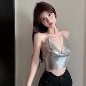 美式 辣妹v领挂脖亮片抹胸小吊带女夏季 背心性感链条露背外穿上衣