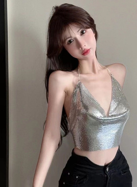 美式辣妹v领挂脖亮片抹胸小吊带女夏季背心性感链条露背外穿上衣