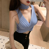 打底外穿针织内搭上衣女装 夏季 背心短款 修身 新款 性感V领挂脖无袖