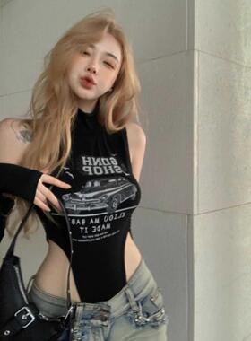 欧美性感吊带连身短上衣 街头风爵士舞背心女装 显瘦修身棉氨混纺