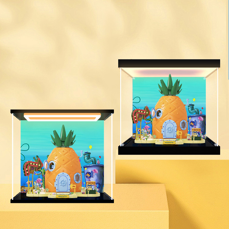 亚克力展示盒适用AREAX砖区海绵宝宝菠萝屋积木模型带灯收纳盒