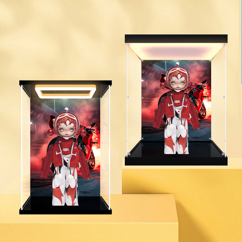 适用泡泡玛特 SKULLPANDA×DUCATI 可动人偶高清防尘罩手办收纳盒