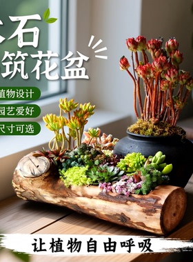 木桩多肉花盆轻奢高端阳台花园盆栽景观造景创意个性木槽特价清仓