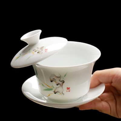 羊脂玉瓷悬停盖碗茶杯陶瓷大小号手工单个泡茶器单盖子配件家用