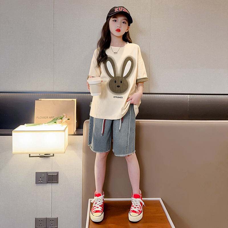 女童夏款套装纯棉短袖t恤新款2025洋气大童儿童装夏装时髦两件套