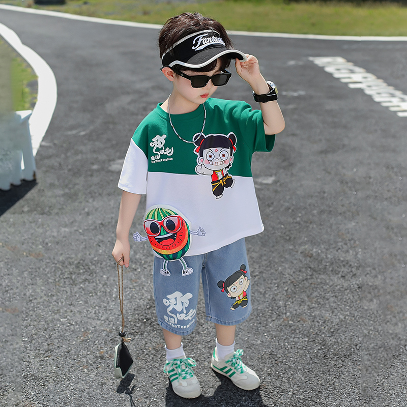 国潮哪吒儿童装夏装男童短袖t恤套装2025新款小男孩帅气时髦衣服
