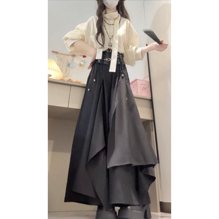 早秋季巨好看的小众设计长裙子黑色半身裙不撞款百搭上衣腰带套装