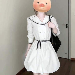新款 学院风甜美海军领设计感小众花苞连衣裙女生夏季 高级收腰显瘦