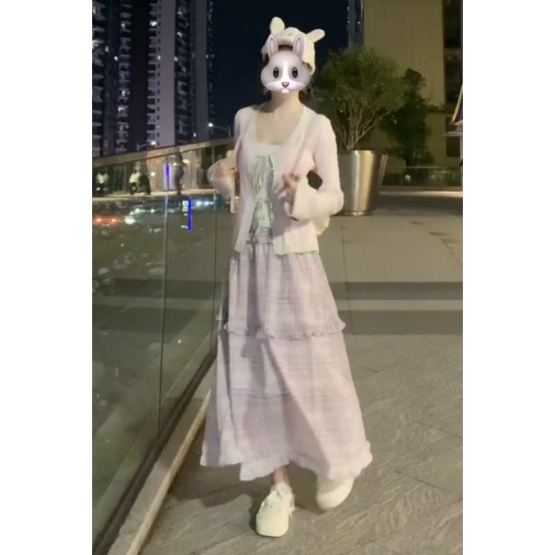 粉色毛衣开衫女学生格纹半身裙