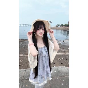 夏季 新款 宽松开衫 披肩搭配甜美小个子鸢尾紫色碎花吊带连衣裙套装