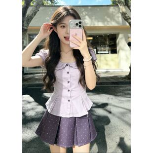 夏日新款两件/套装少女感温柔甜美减龄娃娃领上衣+古早感波点短裙