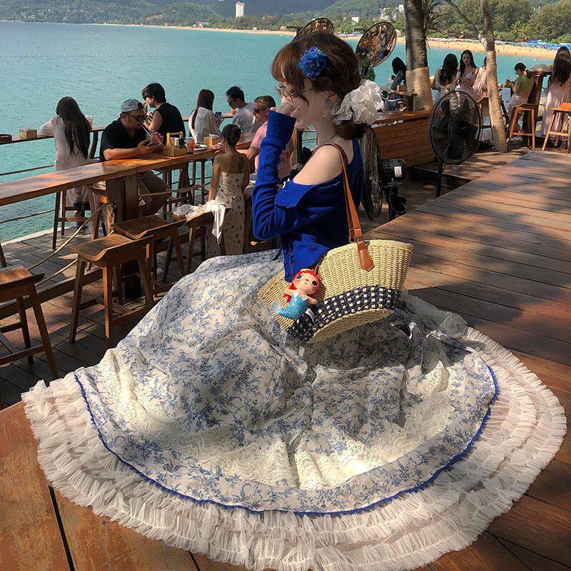 夏季法式高级度假风碎花网纱大裙摆吊带连衣裙防晒开衫女生两件套