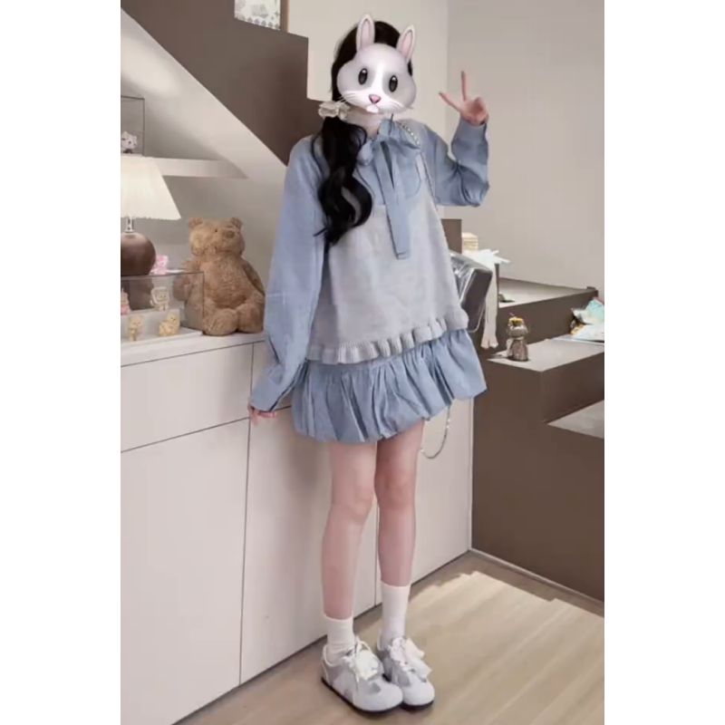 蝴蝶结系带衬衫裙显瘦花苞裙套装