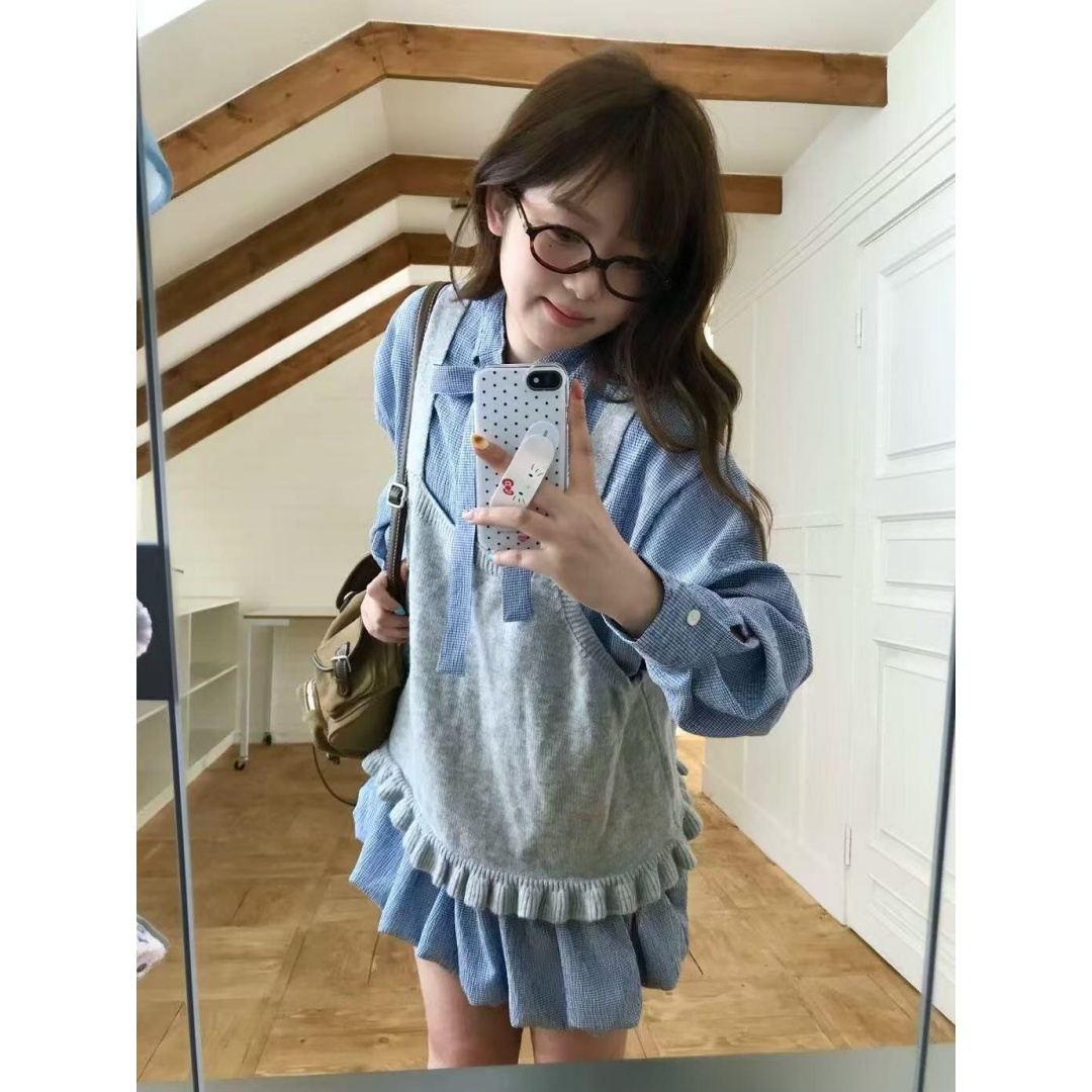 系带衬衫裙显瘦花苞裙甜美套装