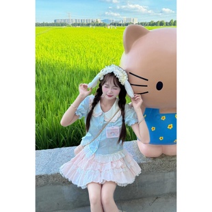 甜美学院风少女感娃娃领泡泡袖 衬衫 上衣粉色蓬蓬蛋糕短裙两件套装