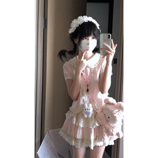 搭配蛋糕半身裙学生两件套 小个子甜美学院风设计感拼接娃娃领衬衫