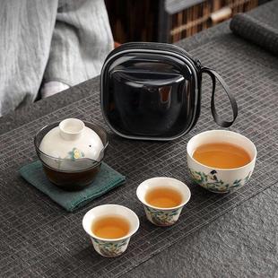 一壶三杯功夫茶具套装 草木灰手绘旅行茶具家用车载户外泡茶便携式