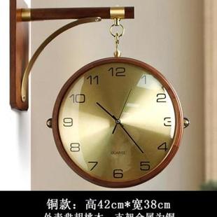 新中式 双面挂钟实木轻奢时钟玄关拐角客厅家用两面钟表复古石英钟