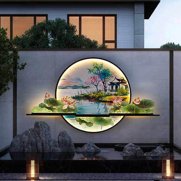 户外荷花壁画灯新中式庭院防别墅太阳能影壁迎门墙壁挂画发光灯