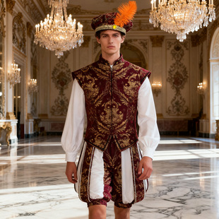 亚马逊男式 中世纪都多帽带羽毛松饼顶帽高端宫廷帽COS表演服头饰