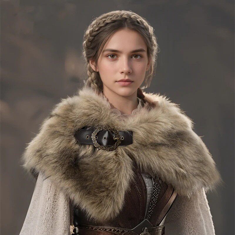 欧美跨境现货批发二次元cos动漫维京仿皮草披肩中世纪胸针配饰