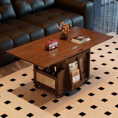 中古风升降茶几折叠移动推车实木茶台茶桌小户型客厅多功能餐桌