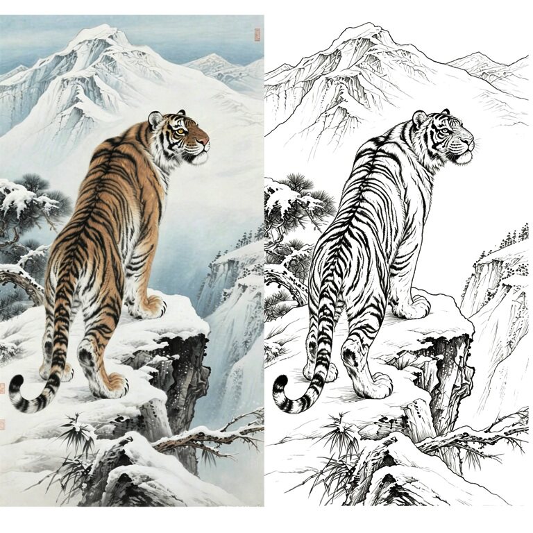 工笔画底稿工笔虎白描8#打印稿 学习临摹