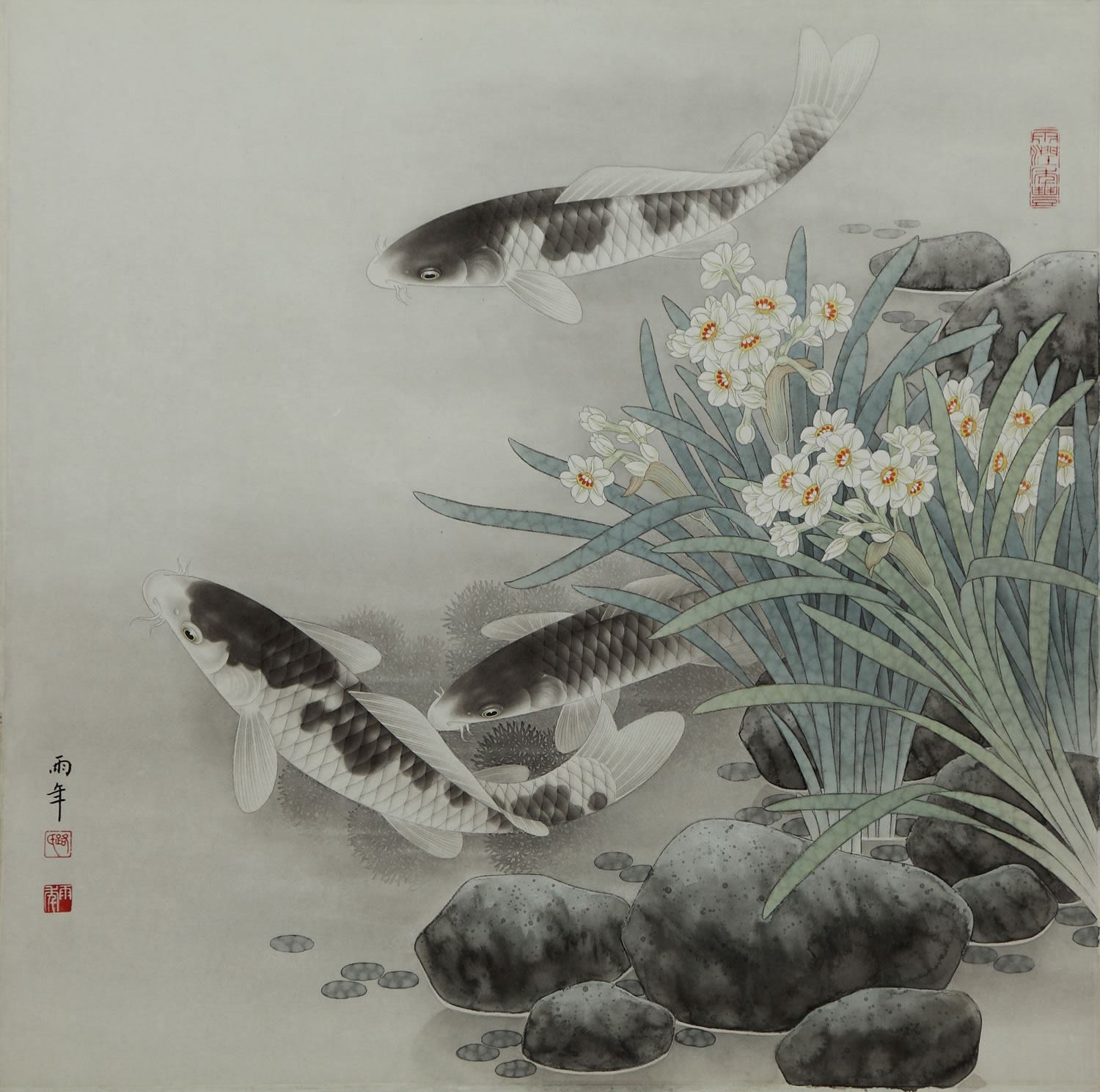 工笔画底稿路雨年锦鲤水仙斗方白描11#打印稿宣纸稿有步骤图 文字