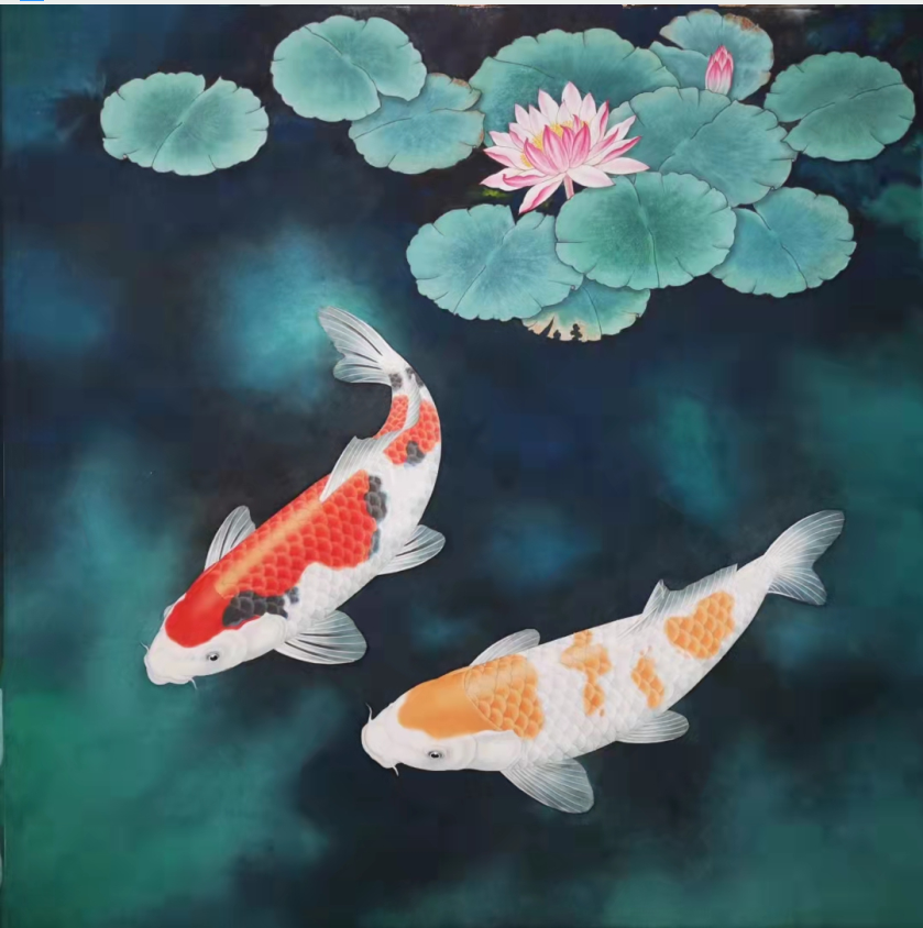 黄河老师工笔画底稿鲤鱼锦鲤斗方白描7#打印稿宣纸稿有步骤图
