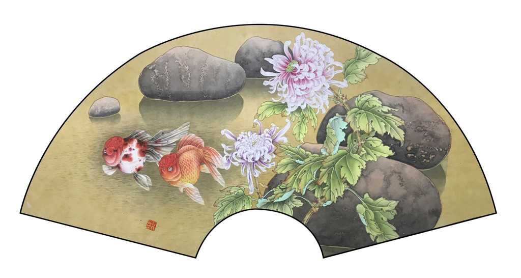 工笔画底稿 鱼稿 菊花金鱼折扇小品4#白描打印稿