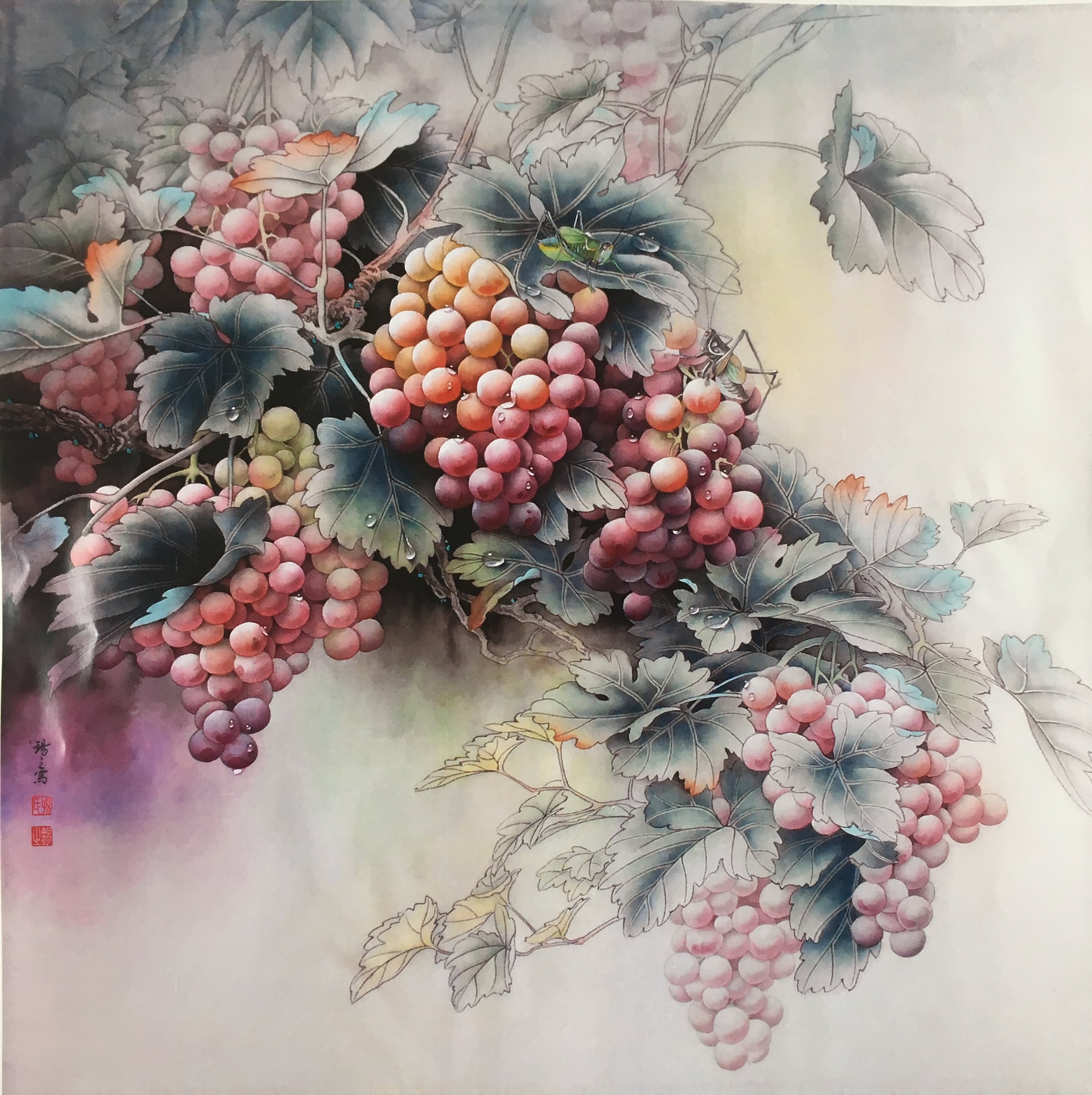 工笔画底稿葡萄蝈蝈斗方白描82#打印稿毛笔勾线宣纸稿学习临摹