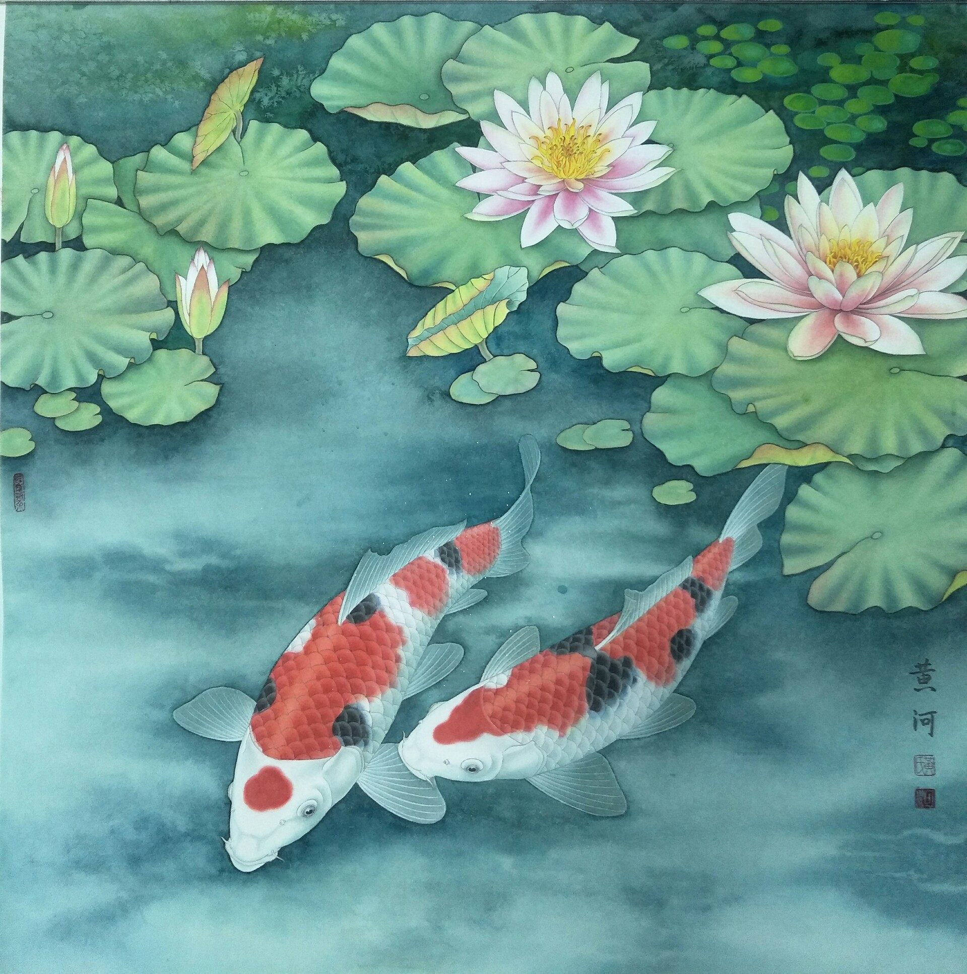 黄河老师工笔画底稿鲤鱼荷花斗方白描4#打印稿宣纸稿有步骤图