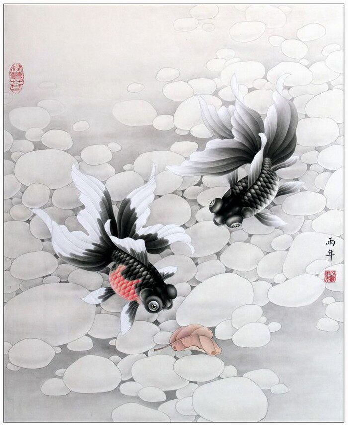 工笔画底稿工笔金鱼白描打印稿4#毛笔勾线宣纸稿有步骤图