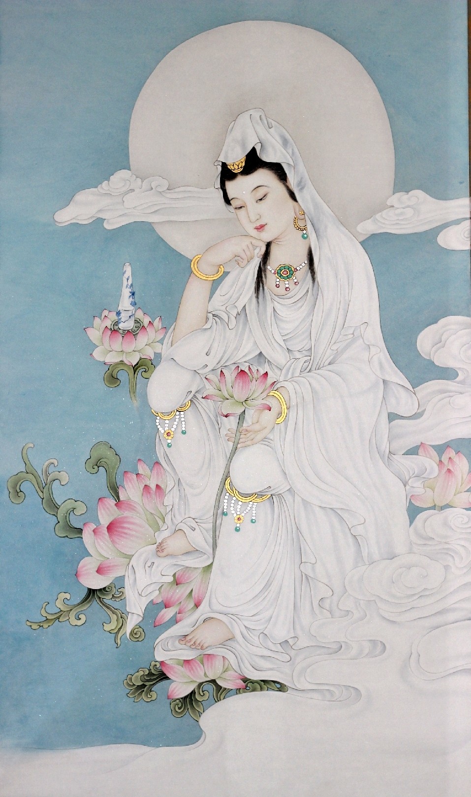 工笔画底稿人物观音菩萨佛像竖副高清白描3#打印稿宣纸稿
