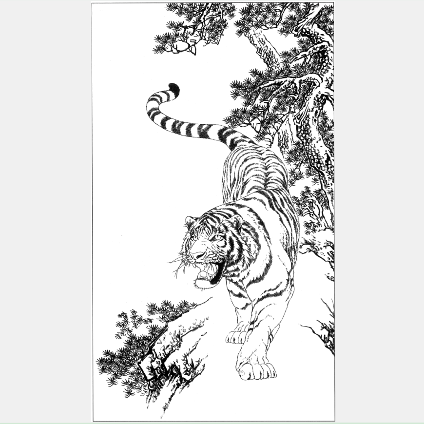 工笔画底稿 工笔虎竖副白描打印稿无彩色图学习临摹