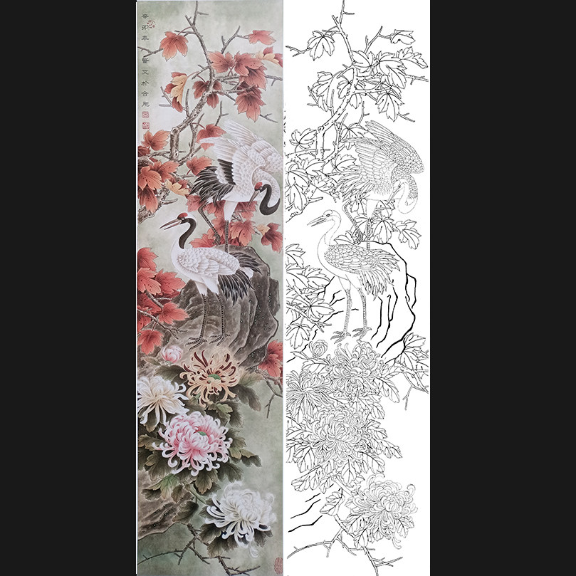 工笔画底稿 仙鹤菊花条屏竖副白描3#打印稿直接上色宣纸稿