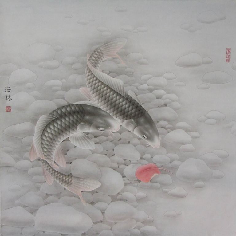 工笔画底稿鱼稿鲤鱼斗方白描8#打印稿 宣纸稿有步骤图