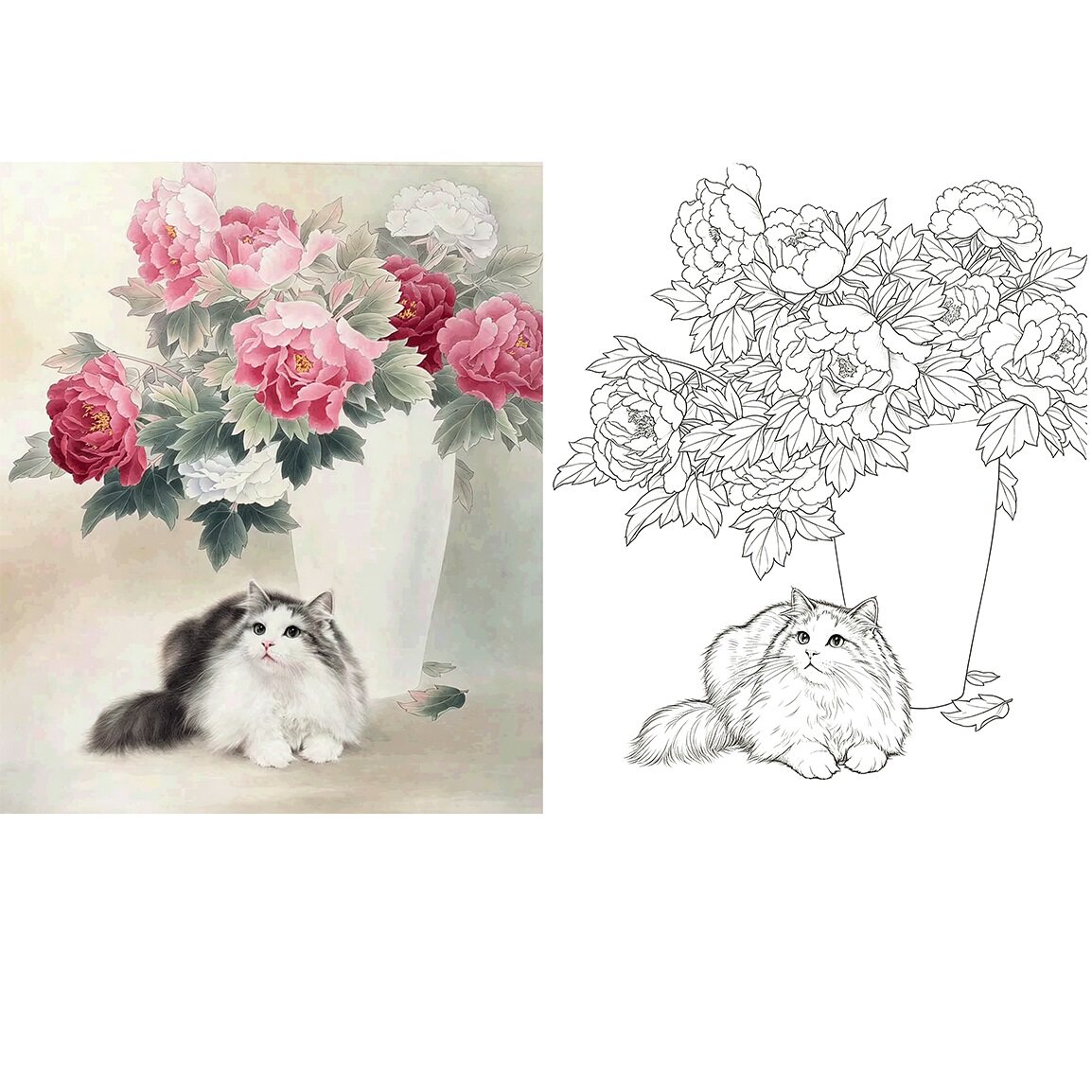 工笔画底稿牡丹小猫斗方打印稿