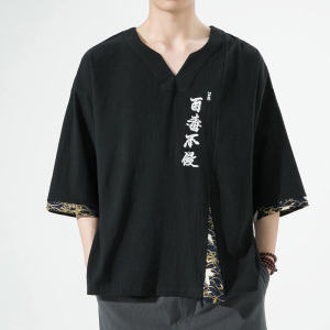 新中式风刺绣百毒不侵短袖t恤复古五分袖男A087-1-YM911-P55图片