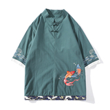 风春夏款锦鲤刺绣拼接盘扣五分袖宽松衬衫男A087-1-YM953-P65，男装T恤，电商A087-1