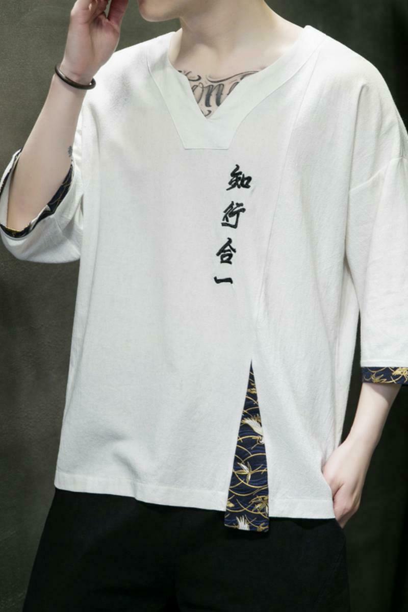 2025新中式刺绣知行合一短袖t恤复古五分袖男A087-1-YM611-P55,男装T恤,电商A087-1