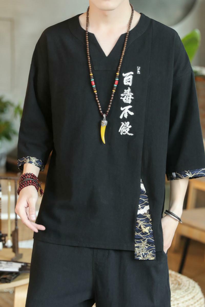 新中式风刺绣百毒不侵短袖t恤复古五分袖男A087-1-YM911-P55,男装T恤,电商A087-1
