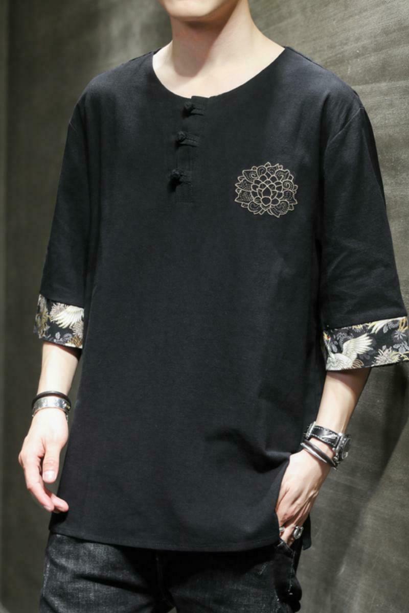 夏季风薄款荷花刺绣T恤圆领盘扣五分袖男A087-1-YM902-P55,男装T恤,电商A087-1