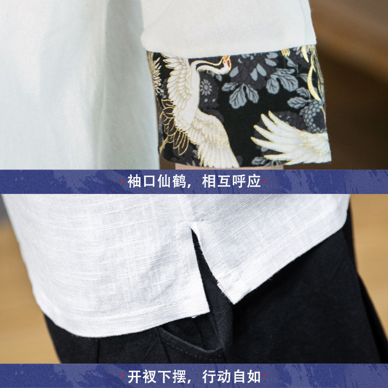 风2025仙鹤刺绣薄V领盘扣T恤古风短袖A087-1-YM907-P55控65,男装T恤,电商A087-1