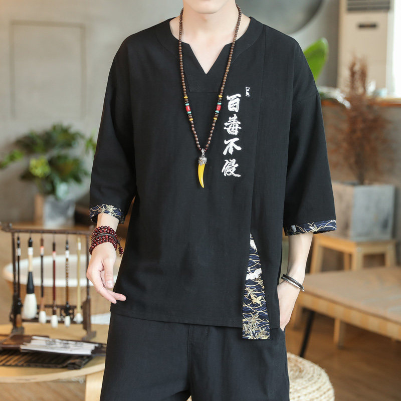 新中式风刺绣百毒不侵短袖t恤复古五分袖男A087-1-YM911-P55,男装T恤,电商A087-1
