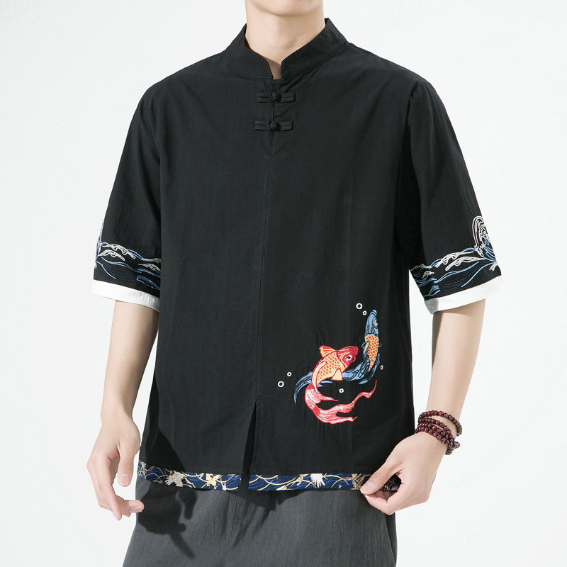 风春夏款锦鲤刺绣拼接盘扣五分袖宽松衬衫男A087-1-YM953-P65,男装T恤,电商A087-1