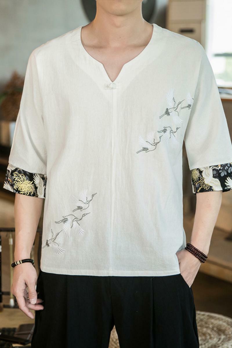 风2025仙鹤刺绣薄V领盘扣T恤古风短袖A087-1-YM907-P55控65,男装T恤,电商A087-1