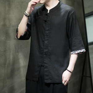 2023风春夏款拼接盘扣汉服唐装亚短袖衬衫A087-1-YM952-P55图片